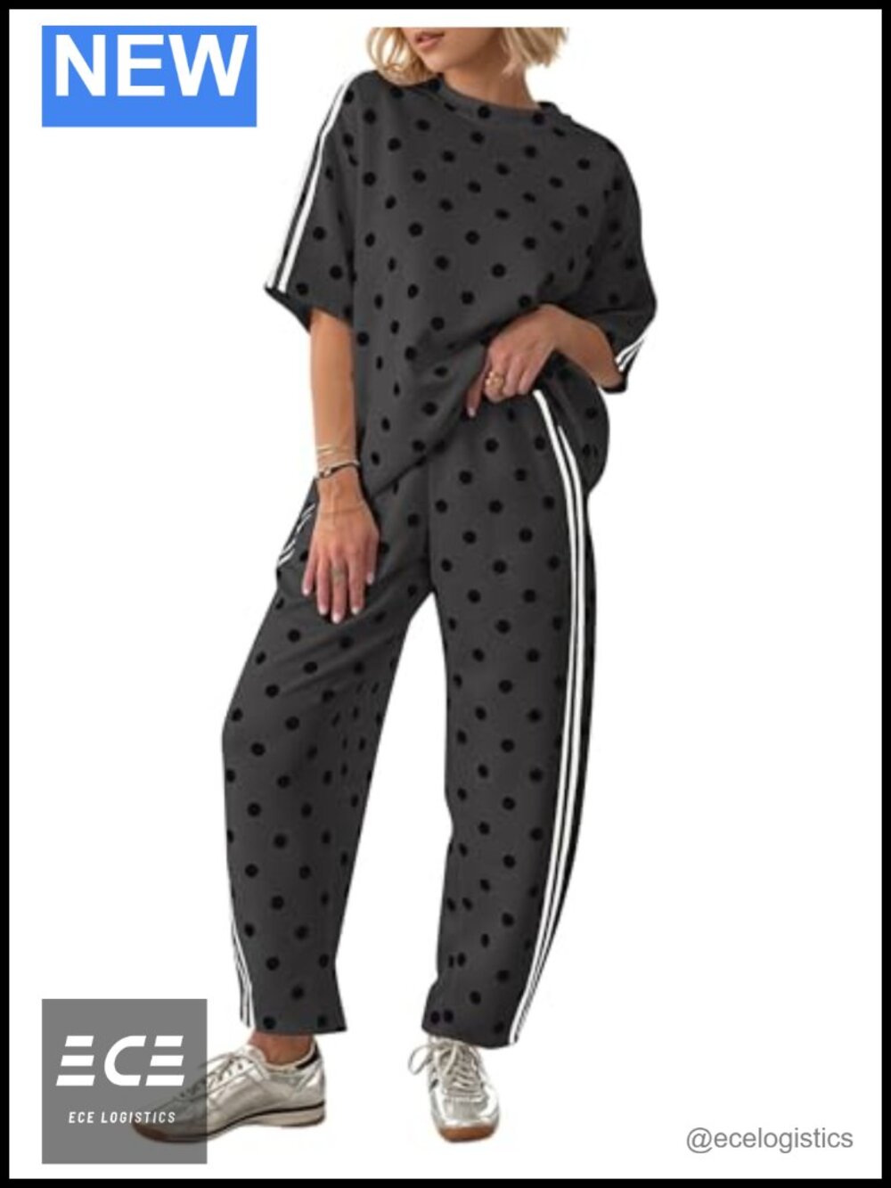 Women 2 Piece Cotton Blend Lounge Set Oversized Tee Barrel Pants Travel Airport